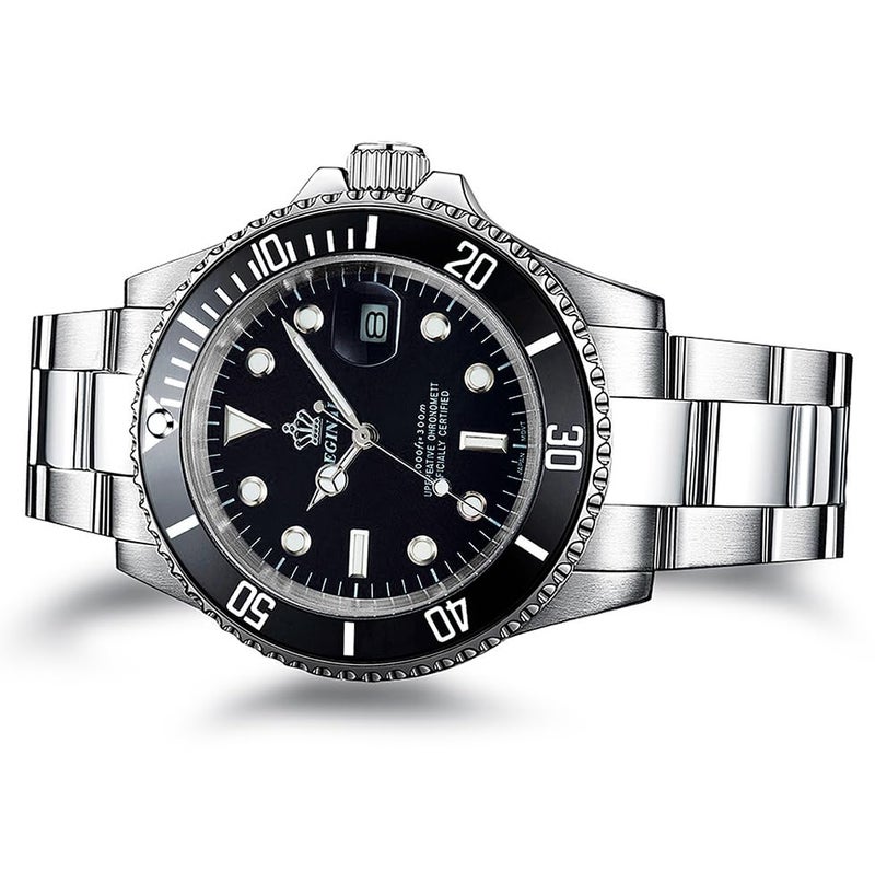 Reginald Men's Watch Luminous Quartz Rotatable Bezel Sapphire Glass Silver Stainless Steel Band and Case Waterproof Sports Black Watch - Image 5